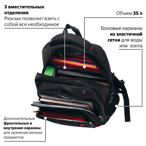 Рюкзак BRAUBERG TITANIUM, 45х28х18 см, для старшеклассников/студентов/молодежи, красные вставки фото 7
