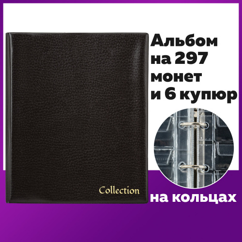 Альбом нумизмата STAFF "OPTIMA", для 297 монет и 6  купюр, 230х270 мм, ПВХ, коричневый фото 10