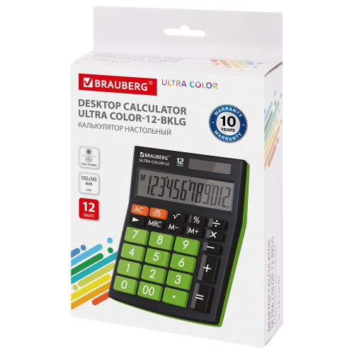 Калькулятор настольный BRAUBERG, 192x143 мм, 12 разрядов, двойное питание, черно-салатовый фото 5