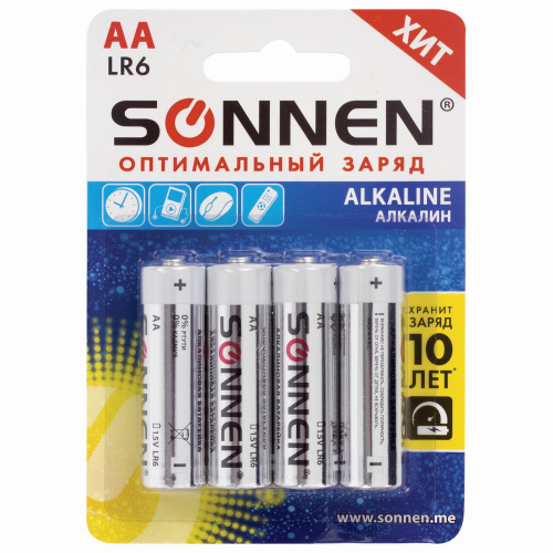 Батарейки SONNEN Alkaline, АА, 4 шт., алкалиновые, пальчиковые, блистер