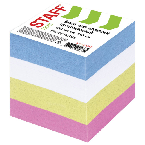 Блок для записей STAFF, проклеенный, куб 8х8 см, 800 л., цветной, чередование с белым
