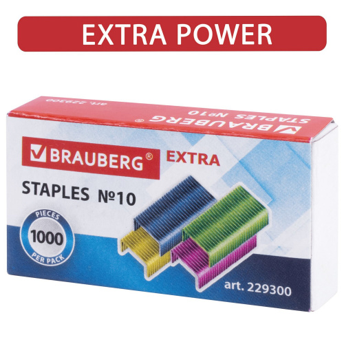 Скобы для степлера цветные BRAUBERG "EXTRA", №10, 1000 штук, до 20 листов