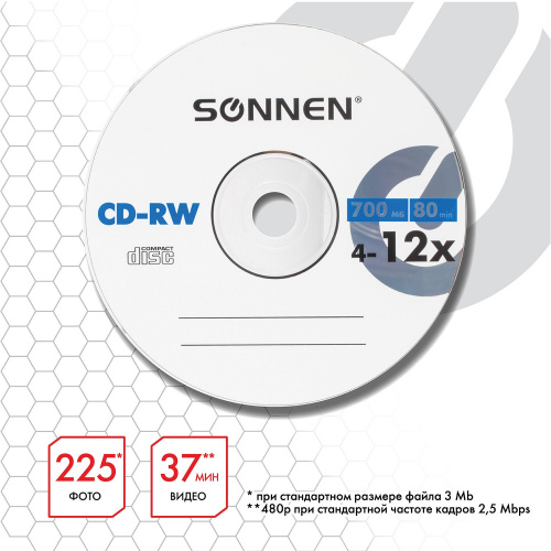 Диск CD-RW SONNEN, 700 Mb, 4-12x, Slim Case фото 3