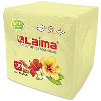 Салфетки бумажные LAIMA, 100 шт., 24х24 см, жёлтые (пастельный цвет), 100% целлюлоза