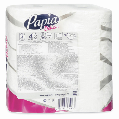Бумага туалетная PAPIA бытовая, спайка 4 шт., 4-слойная (4х16 м), белая фото 4