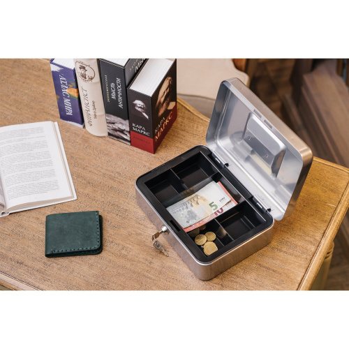 Ящик для денег, ценностей, документов, печатей BRAUBERG, 90х180х250 мм, ключевой замок, серебристый фото 3