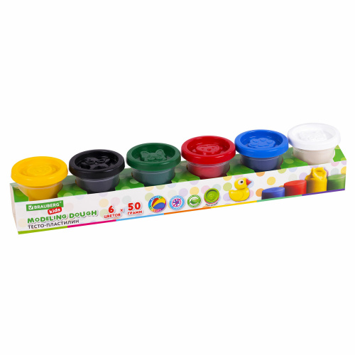 Пластилин-тесто для лепки BRAUBERG KIDS, 6 цветов, 300 г, яркие классические цвета, крышки-штампики фото 2