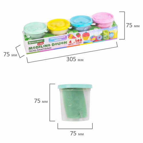 Пластилин-тесто для лепки BRAUBERG KIDS, 4 цвета, 560 г, пастельные цвета, крышки-штампики фото 6
