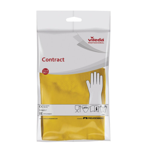 Перчатки хозяйственные резиновые VILEDA "Контракт" с х/б напылением, размер L , желтые фото 2