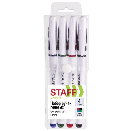 Ручки гелевые с грипом STAFF "Manager", 4 цвета, корпус белый, узел 0,5 мм