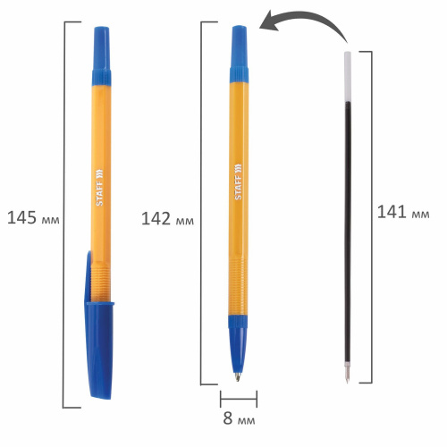 Ручка шариковая STAFF "Basic Orange BP-03", корпус оранжевый, линия письма 0,5 мм, синяя фото 3