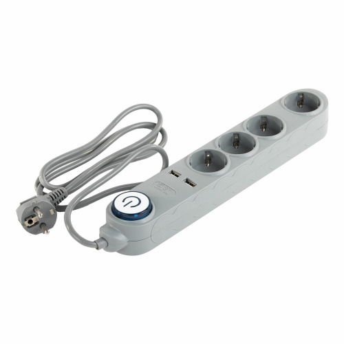 Сетевой фильтр SONNEN DX04, 4 розетки, 2 USB-порта, с заземлением, 10 А, 1,5 м, серый фото 2