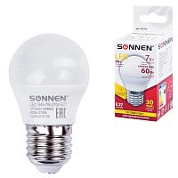 Лампа светодиодная SONNEN, 7 (60) Вт, цоколь E27, шар, теплый белый свет, 30000 ч