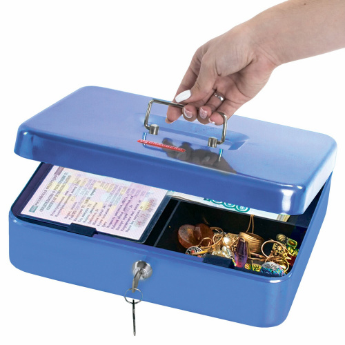 Ящик для денег, ценностей, документов, печатей BRAUBERG, 90х180х250 мм, ключевой замок, синий фото 5