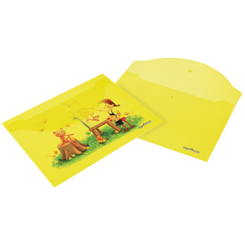 Папка-конверт с кнопкой ЮНЛАНДИЯ, А4, до 100 листов, 0,18 мм, прозрачная, желтая фото 5