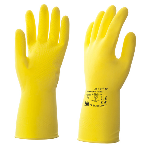 Перчатки латексные КЩС, прочные, хлопковое напыление, размер 9,5-10 XL, очень большой, желтые, HQ Profiline, 73590 фото 5