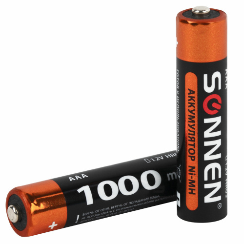 Батарейки аккумуляторные Ni-Mh мизинчиковые КОМПЛЕКТ 4 шт., AAA (HR03) 1000 mAh, SONNEN, 455610 фото 5