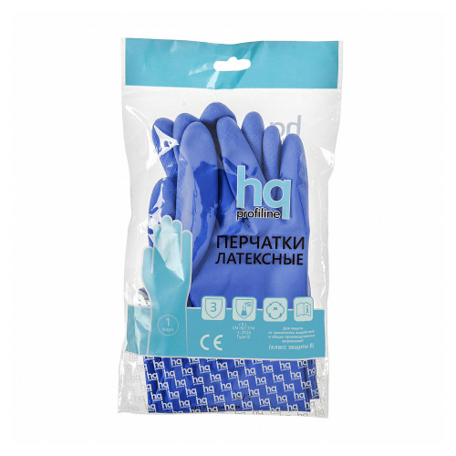 Перчатки латексные КЩС, прочные, хлопковое напыление, размер 8,5-9 L, большой, синие, HQ Profiline, 74735 фото 2