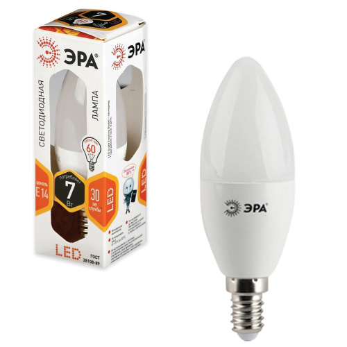 Лампа светодиодная ЭРА, 7 (60) Вт, цоколь E14, "свеча", теплый белый свет, 30000 ч.