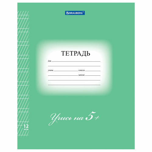 Тетрадь, BRAUBERG, 12 л., частая косая линия, обложка плотная мелованная бумага, зеленая