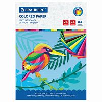 Цветная бумага BRAUBERG "Птица", А4, 200х280 мм, офсетная, 24 л., 24 цв., на скобе