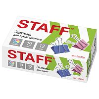 Зажимы для бумаг STAFF "Profit", 12 шт., 19 мм, на 60 листов, цветные, картонная коробка