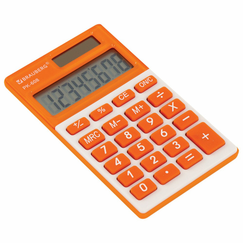 Калькулятор карманный BRAUBERG, 107x64 мм, 8 разрядов, двойное питание, оранжевый фото 2