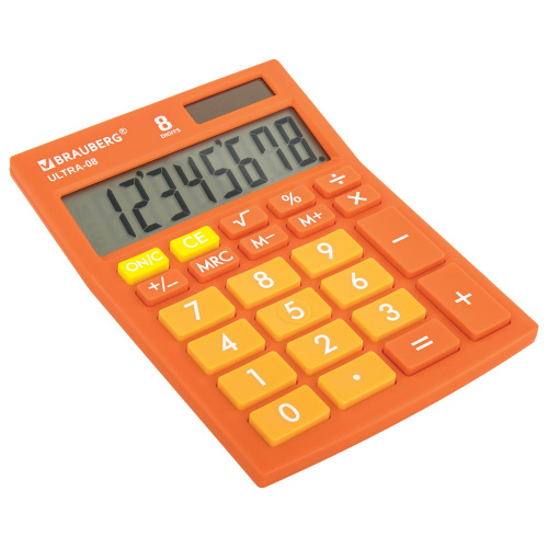 Калькулятор настольный BRAUBERG, 154x115 мм, 8 разрядов, двойное питание, оранжевый фото 2