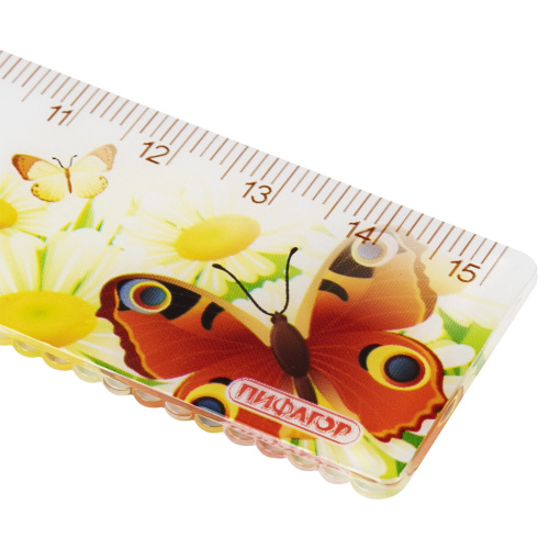 Линейка пластиковая ПИФАГОР "Бабочки", 15 см, цветная печать, с волнистым краем, европодвес фото 5