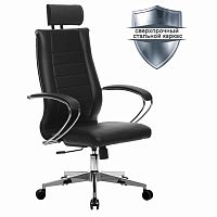 Кресло офисное МЕТТА "К-33" хром, рецик. кожа, подголовник, сиденье и спинка мягкие, черное