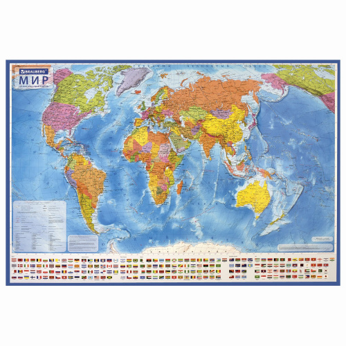 Карта мира политическая BRAUBERG, 101х70 см, 1:32М, с ламинацией, интерактивная, европодвес