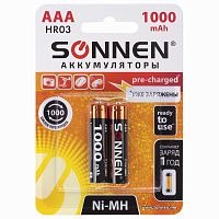 Батарейки аккумуляторные SONNEN, AAA, 2 шт., 1000 mAh, в блистере
