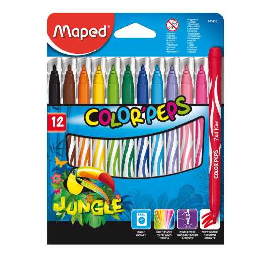 Фломастеры MAPED "Color'Peps Jungle", 12 цв., смываемые, вентилируемый колпачок фото 2