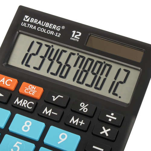 Калькулятор настольный BRAUBERG, 192x143 мм, 12 разрядов, двойное питание, черно-голубой фото 6