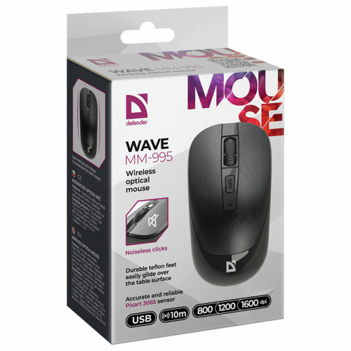 Мышь беспроводная DEFENDER Wave MM-995, USB, 3 кнопки + 1 колесо-кнопка, оптическая, черная, 52995 фото 4