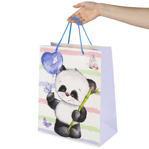 Пакет подарочный 26,5x12,7x33 см ЗОЛОТАЯ СКАЗКА "Lovely Panda", глиттер, белый с голубым фото 3