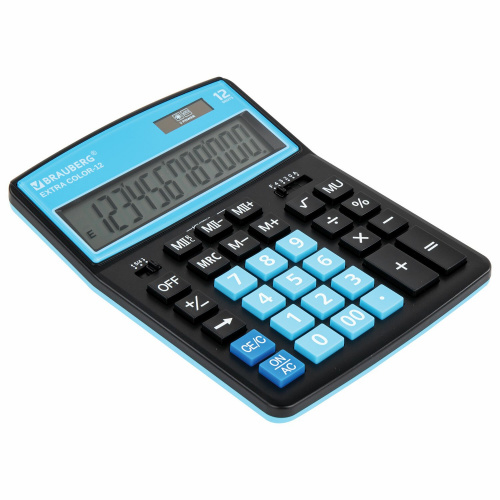 Калькулятор настольный BRAUBERG, 206x155 мм, 12 разрядов, двойное питание, черно-голубой фото 2