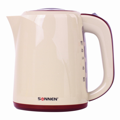 Чайник SONNEN KT-002, 1,7 л, 2200 Вт, закрытый нагревательный элемент, пластик, бежевый/красный