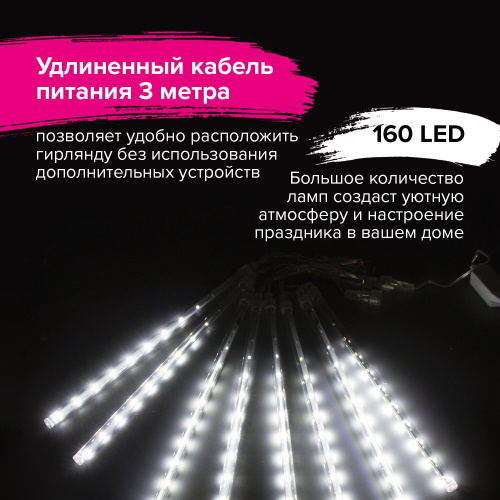 Электрогирлянда-занавес уличная "Сосульки" 2,1х0,3 м, 160 LED, холодный белый, 220 V, ЗОЛОТАЯ СКАЗКА, 591340 фото 3