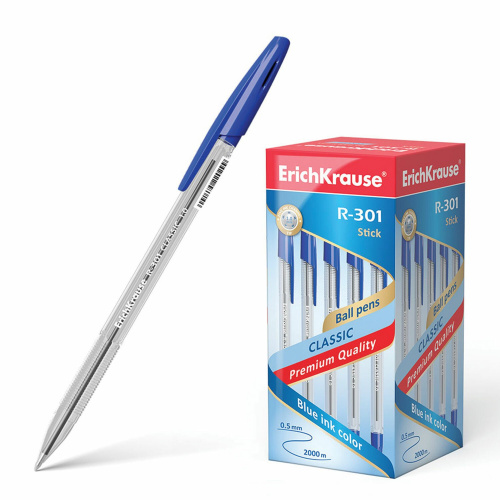 Ручка шариковая ERICH KRAUSE "R-301 Classic", корпус прозрачный, линия письма 0,5 мм, синяя фото 2