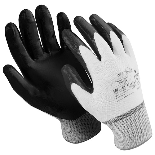 Перчатки нейлоновые MANIPULA "Микронит", нитриловое покрытие, размер 10 (XL), белые/черные