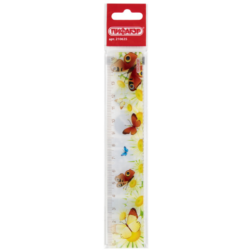 Линейка пластиковая ПИФАГОР "Бабочки", 15 см, цветная печать, с волнистым краем, европодвес фото 4