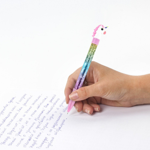Ручка с топпером и блестками шариковая ЮНЛАНДИЯ "Единорог", пишущий узел 0,7 мм, синяя фото 2