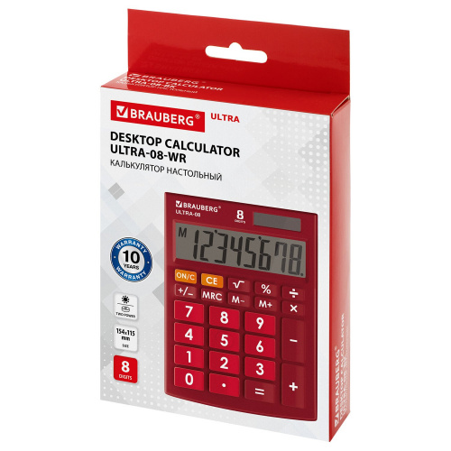 Калькулятор настольный BRAUBERG, 154x115 мм, 8 разрядов, двойное питание, бордовый фото 3