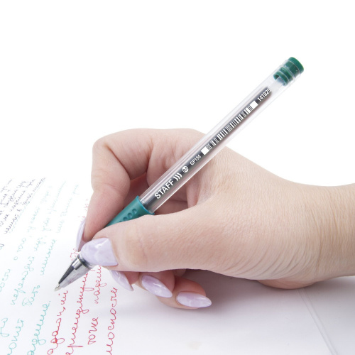 Ручка гелевая с грипом STAFF "EVERYDAY", корпус прозрачный, линия письма 0,35 мм, зеленая фото 4