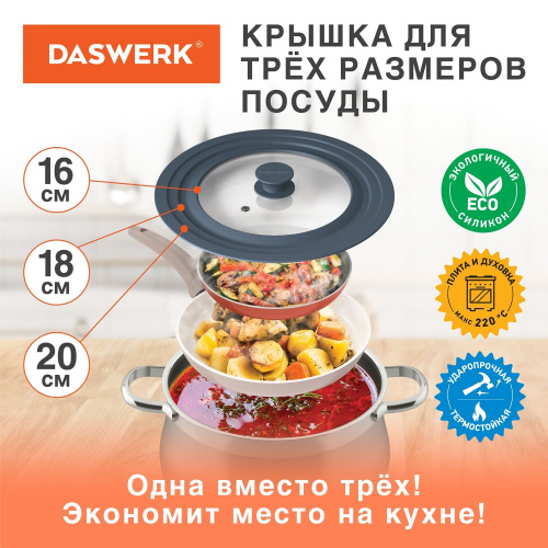 Крышка для любой сковороды и кастрюли DASWERK,  16-18-20 см, антрацит,  универсальная фото 2