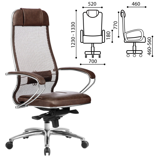 Кресло офисное МЕТТА "SAMURAI" SL-1.04, сверхпрочная ткань-сетка/кожа, темно-коричневое фото 6