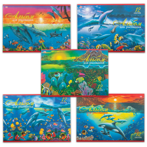 Альбом для рисования HATBER "Дельфины", А4, 12 л., 205х290 мм, скоба, обложка офсет