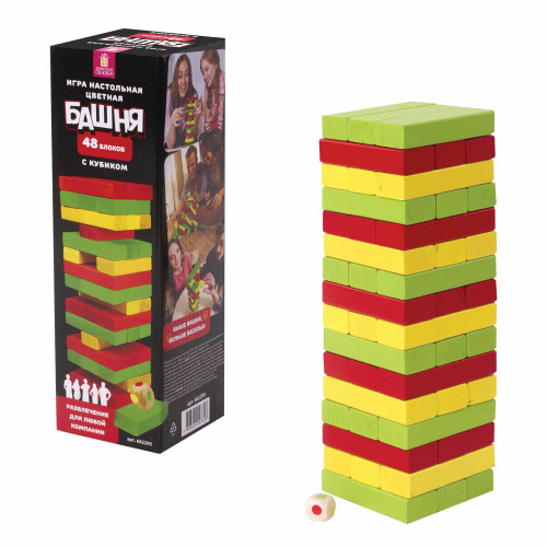 Игра настольная ЗОЛОТАЯ СКАЗКА "ЦВЕТНАЯ БАШНЯ", 48 окрашенных деревянных блоков + кубик фото 3