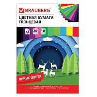 Цветная бумага BRAUBERG "Моя страна", А4, мелованная (глянцевая), 20 листов, 10 цветов, в папке